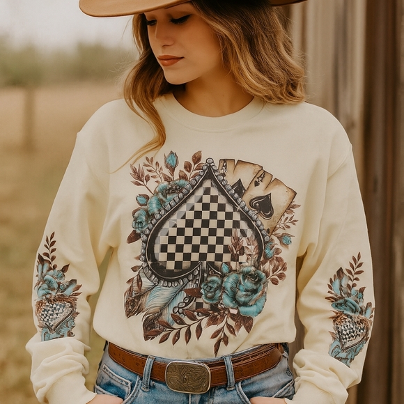 Western Spade Long Sleeve Tshirt With Turquoise Roses - Country Graphic Pullover - Picture 1 of 12